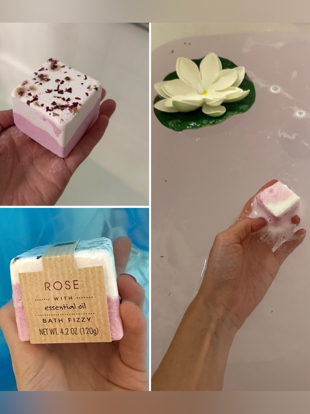 Lux Rose🌹 Essential Oil Pink & White Bath Fizzy Cube Bomb with Petals